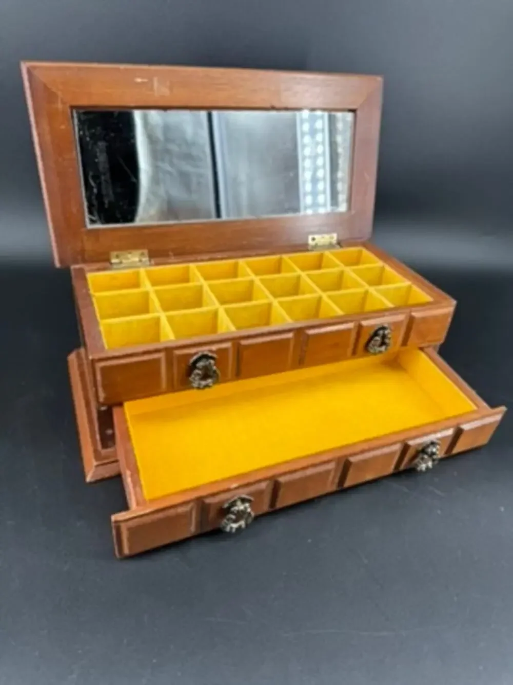 Vintage Price Imports Wood Jewelry Box Mirror Yellow Velvet Apothecary 1970s